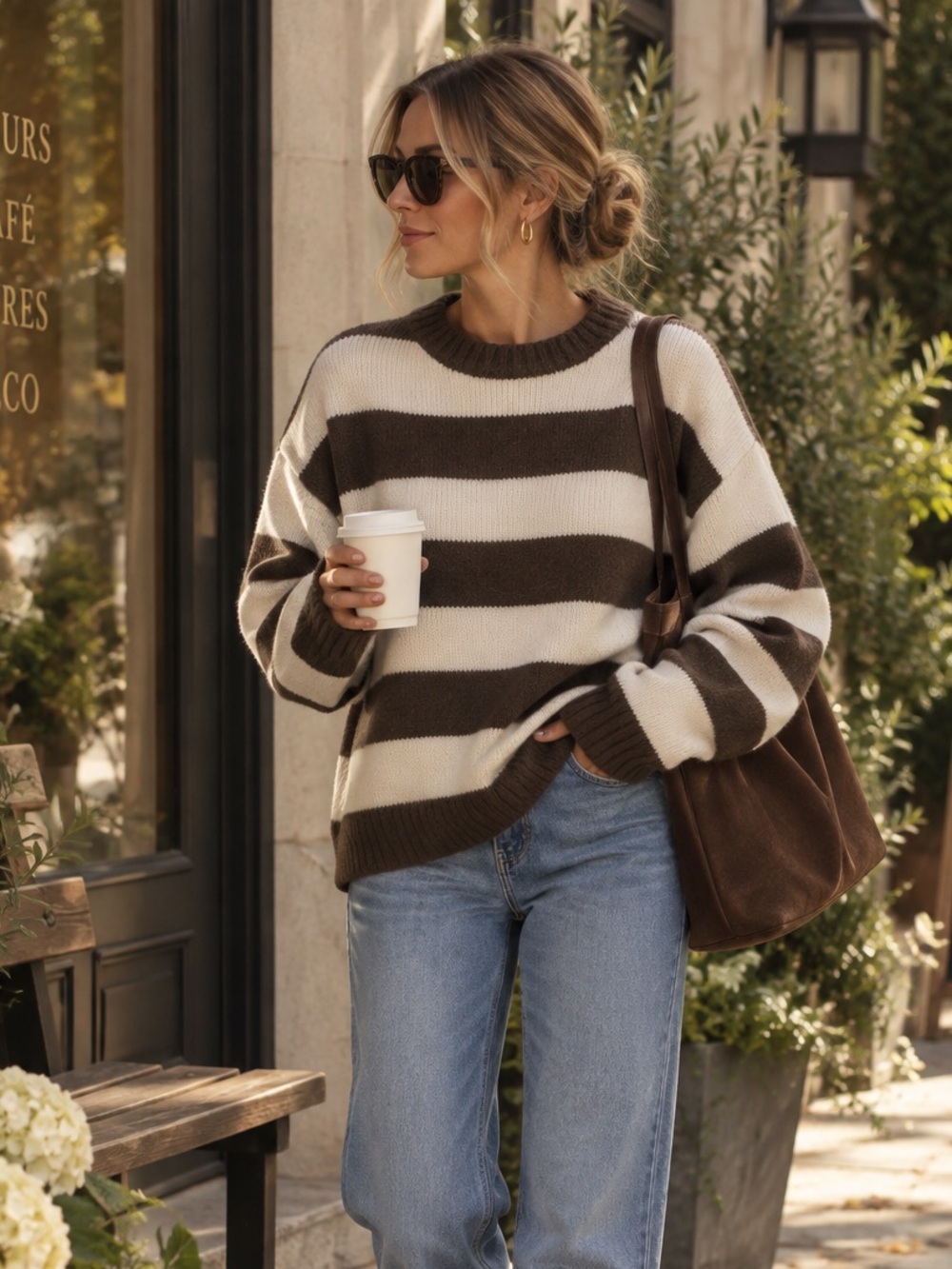 Chocolate Brown Cream Striped Oversized Sweater Quiet Luxury Fall Knit